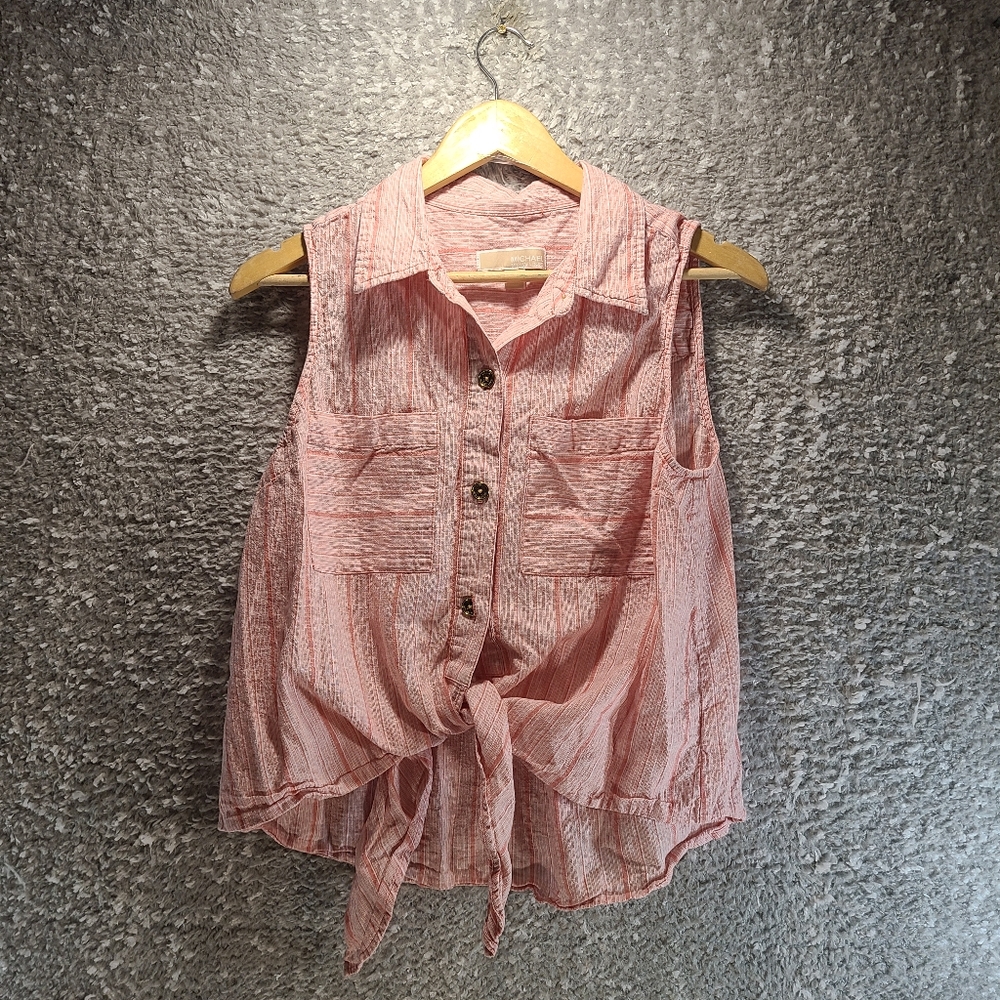 Michael Kors Striped Linen Blend Button Up Front‎ Tie Sleeveless Collared Blouse